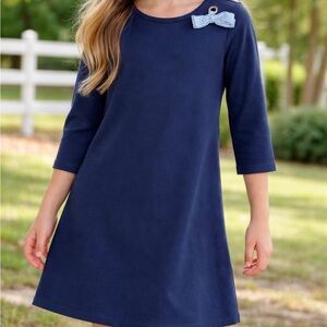 Crown & Ivy Girls Navy Blue 100% Cotton Dress Bow Detail